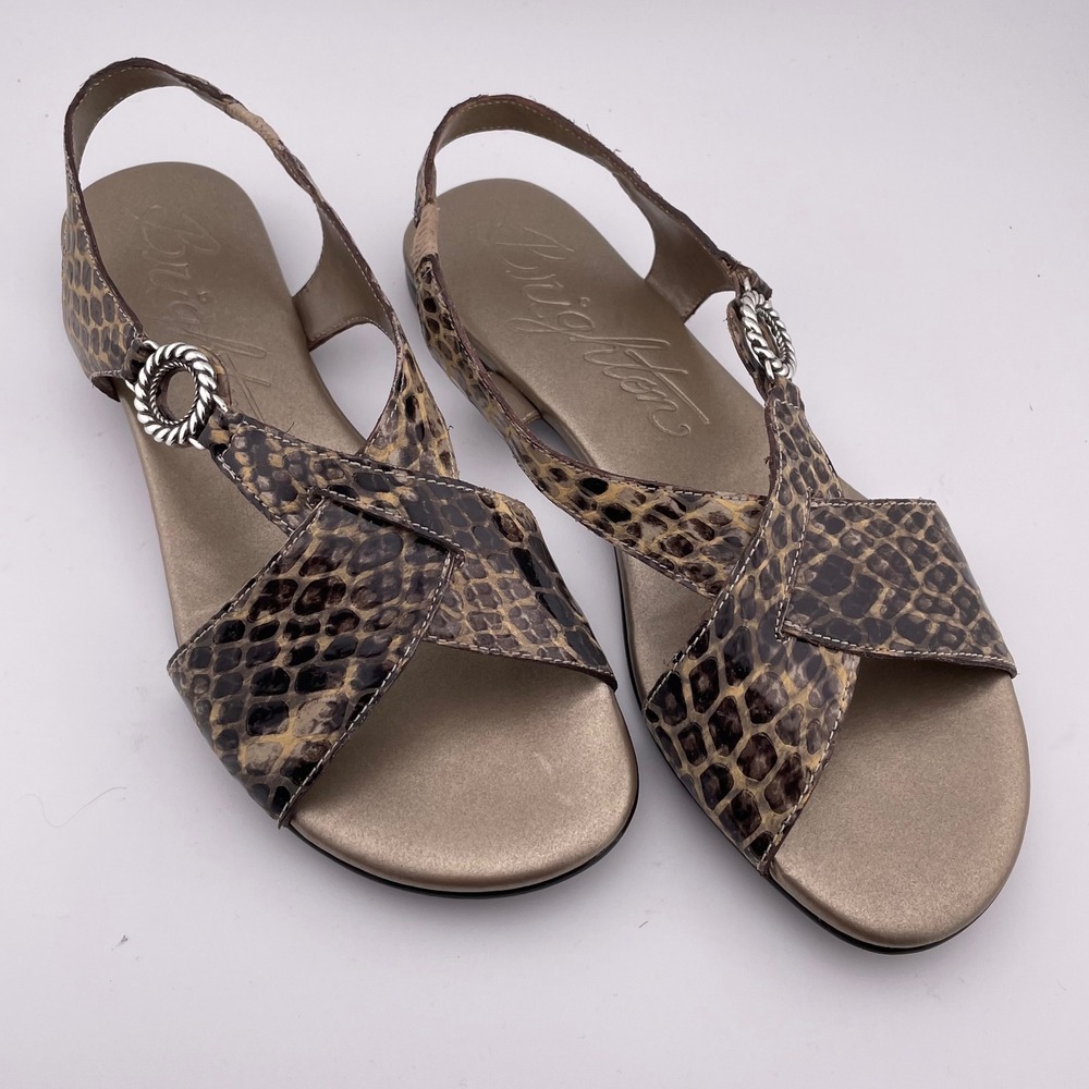 Brighton Leather Slingback Sandals Snake Print Rhinestone Buckle Flat Shoes 7.5